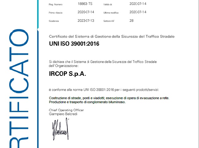 Abbiamo ottenuto il Certificato del Sistema di gestione della Sicurezza del Traffico stradale UNI ISO 39001:2016