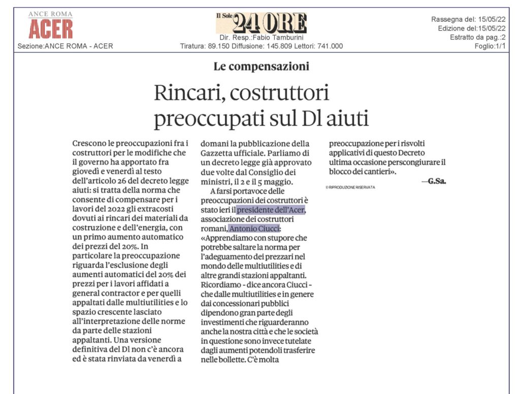 Rincari, costruttori preoccupati sul DL aiuti